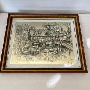 Vintage Framed Harbor Shelter By Lionel Barrymore Gold Foil Etching Art